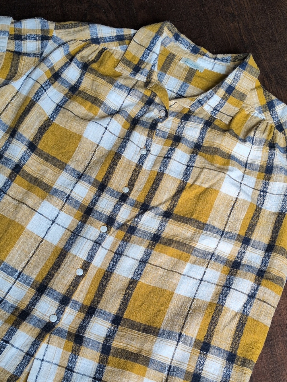 SUNDANCE I Mustard Yellow & Navy Blue Plaid Short-Sleeve Button-Up Blouse Shirt